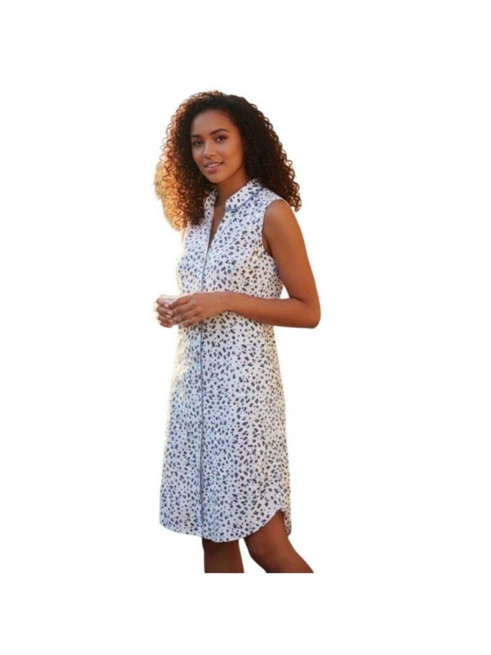 Cabi Camilla Shirt Dress XS Leopard Print Button Front Sleeveless White Blue